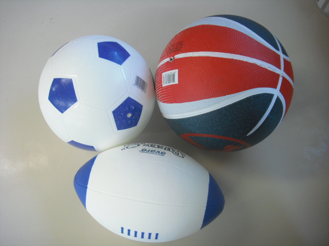 Basketball, rugby ball, soccer ball